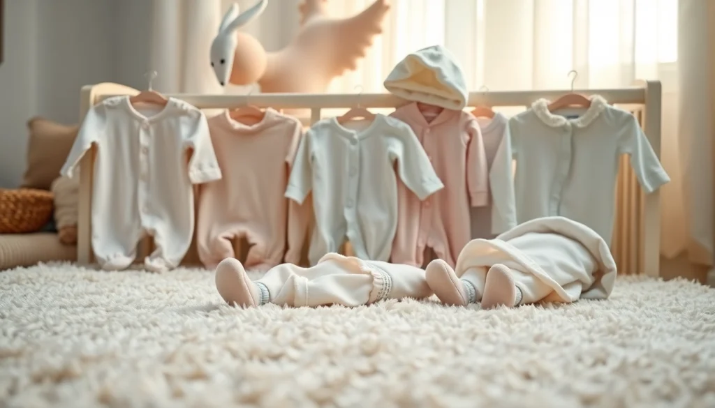Stylish newborn baby clothes arranged in a soft nursery setting, showcasing cozy outfits.