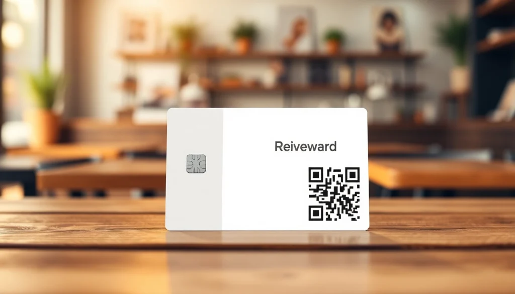Promote reviewcardsgoogle with a dynamic NFC and QR code card showcased in a café setting.