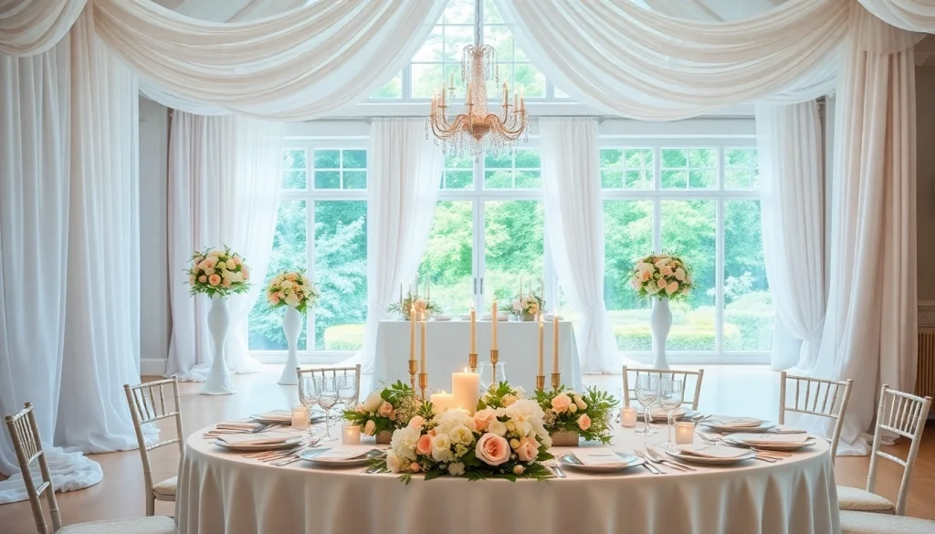Set up for a romantic wedding at le lieu featuring floral arrangements and elegant decor.