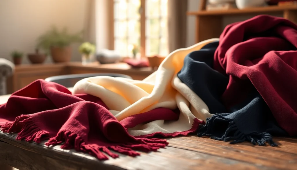 Stylish scarves for women in various textures and colors arranged elegantly on a table.