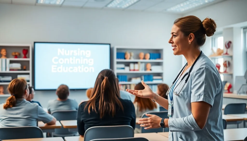 Nursing Continuing Education session led by a professional nurse engaging students in a classroom setting.