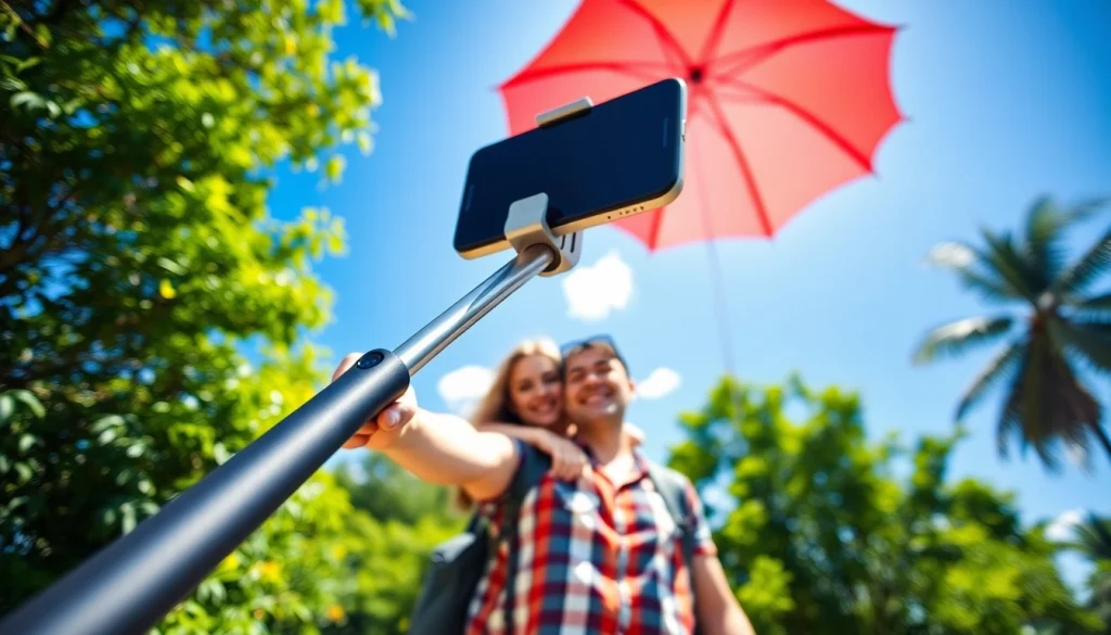 Capture memories with a selfie stick in a vibrant outdoor setting, enhancing your photo experience.