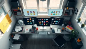 Showcasing colorful creative Icons displayed on a design studio computer screen.