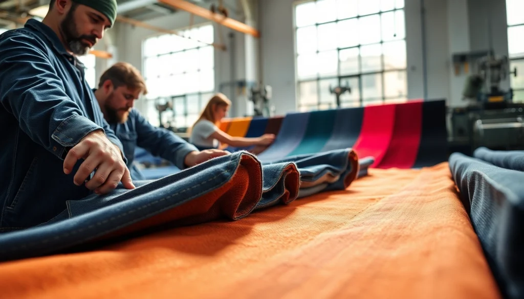 Workers at jeans fabric manufacturers showcase high-quality denim fabrics in a vibrant factory setting.