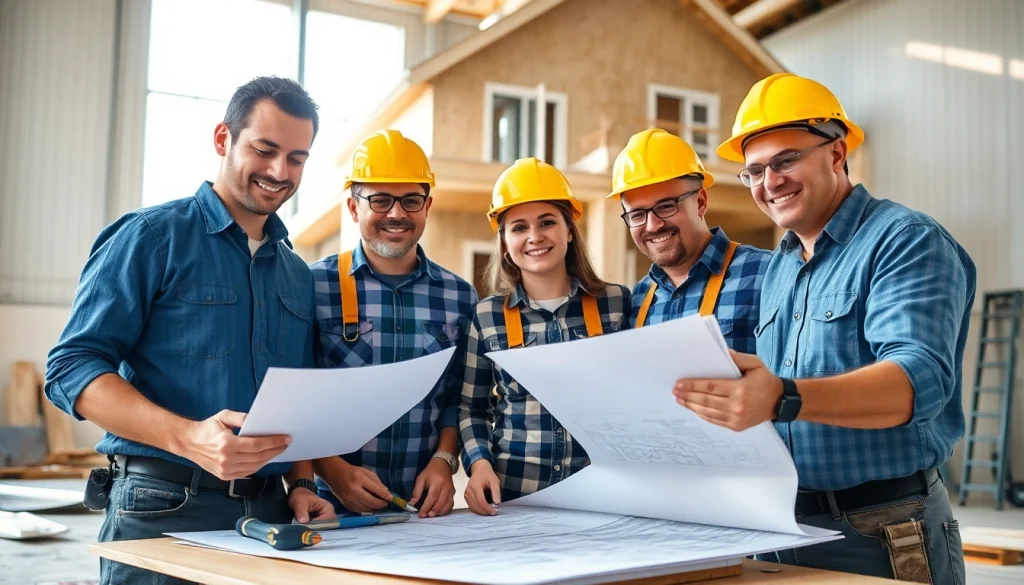 Showcase of New Jersey General Contractor team working on home construction project with blueprints and tools.