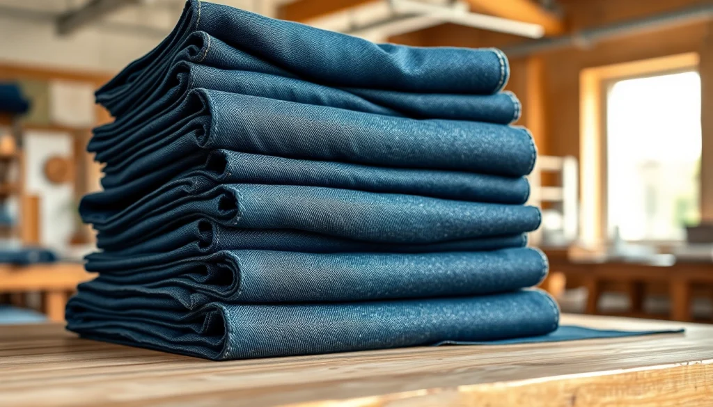 Showcasing jeans fabric manufacturers with diverse denim rolls, showcasing texture and quality.