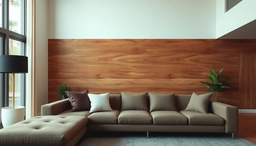 Highlighting wood wall paneling sheets in a cozy living room with natural light