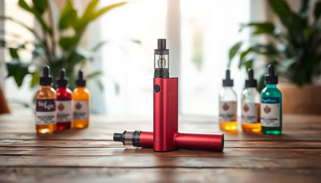 Experience a vibrant puff vape surrounded by colorful e-liquid bottles on a wooden table.