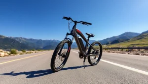 E Ride Pro SS 3.0 electric bike displayed on an asphalt road with a scenic backdrop.