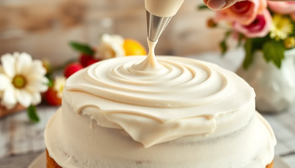 Mousseline cream elegantly piped onto a cake, creating a delightful dessert presentation.