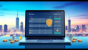 Showcase the guarda wallet interface on a laptop surrounded by cryptocurrencies, emphasizing digital functionality.