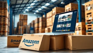 Showcasing an organized workspace for amazon wholesale with product boxes and a laptop.