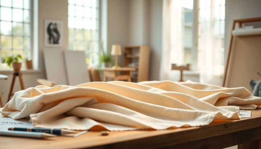 Katoen stoffen met verschillende texturen op een tafel in een modeatelier