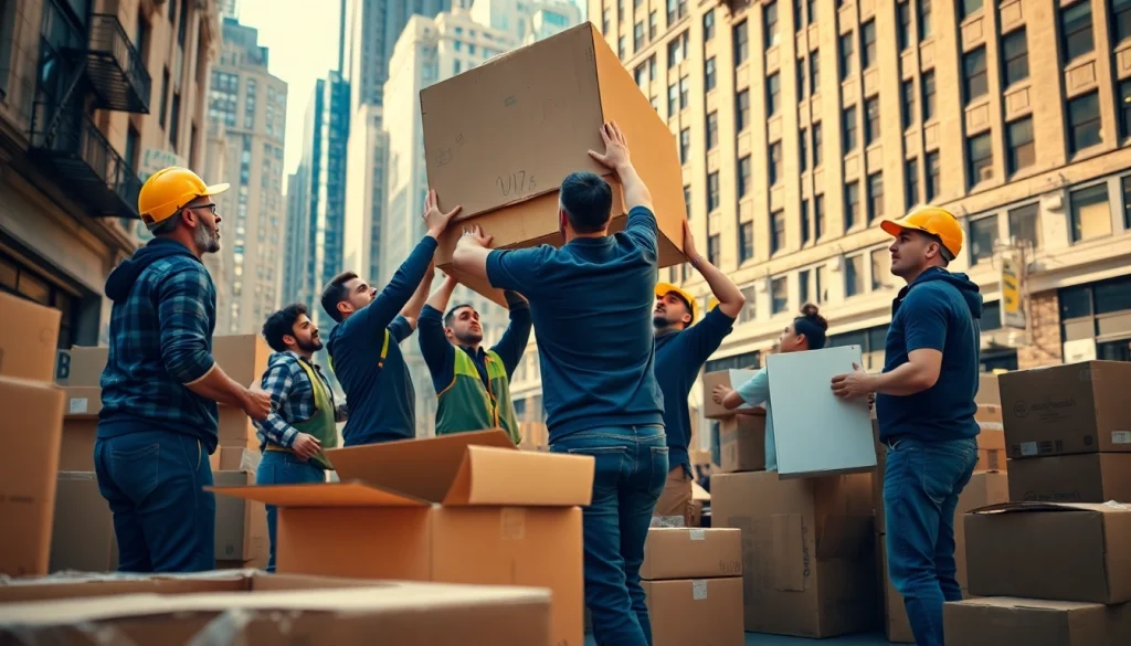 Cheap movers nyc team working efficiently amidst bustling New York City backdrop.