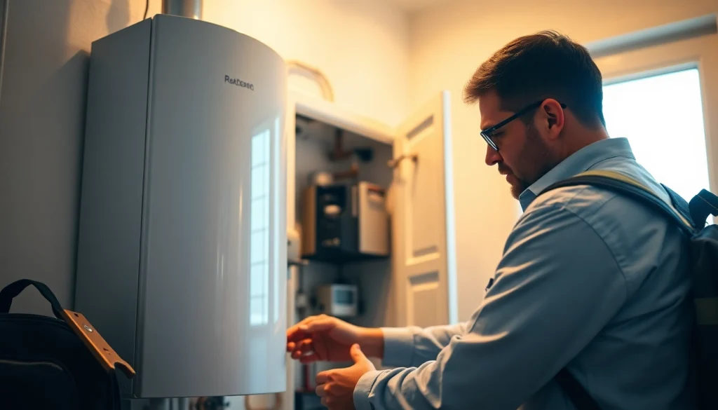 Gas engineer Bristol performing maintenance on a modern gas boiler in a bright setting.