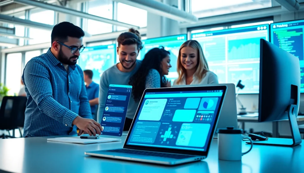 Evaluate chatbot testing tools as a diverse team collaborates around digital interfaces