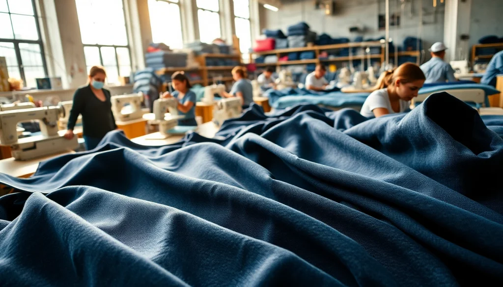 Showcasing jeans fabric manufacturers in a vibrant textile workshop filled with denim fabrics.
