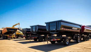 Showcasing hydraulic dump trailers for sale with robust designs on a bustling construction site.