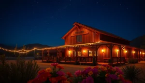 Engaging firelight barn photos showcasing the beautiful barn at dusk with vibrant landscaping.