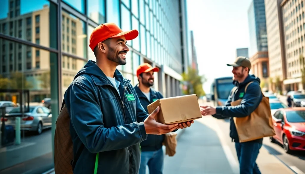 Showcasing courier services with a delivery professional interacting with a customer in an urban setting.