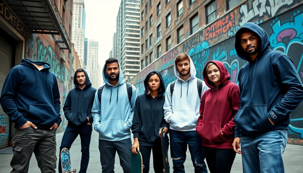 Showcasing high quality blank hoodies on models, highlighting fabric and color diversity in an urban environment.