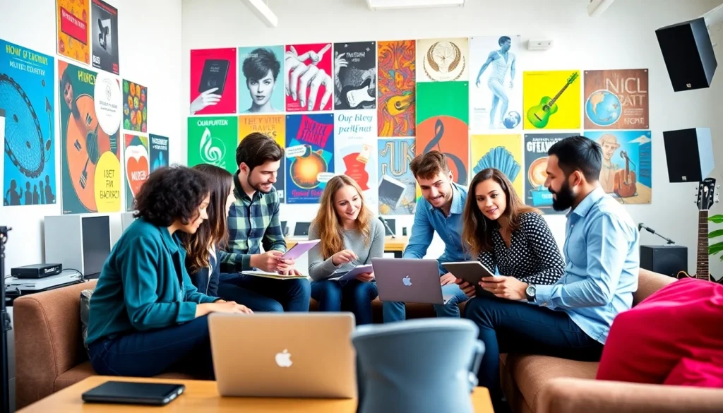 Creative team working at a Music PR Agency, showcasing collaboration and professionalism in a vibrant setting.