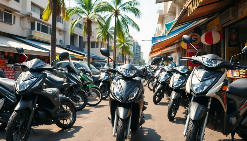 Rent motorbike Thailand with vibrant bikes and bustling street scenes in Bangkok.