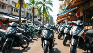 Rent motorbike Thailand with vibrant bikes and bustling street scenes in Bangkok.