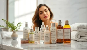 Showcase of skincare products from https://cosmeticsarenas.com in a calming bathroom setting.