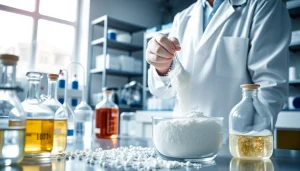 Researcher measuring Methyl Hydroxyethyl Cellulose in a bright laboratory setting.