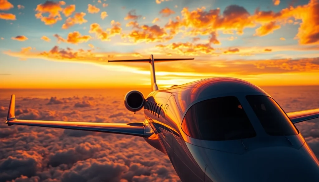Experience ultra luxury private aviation with a sleek, polished private jet soaring at sunset.