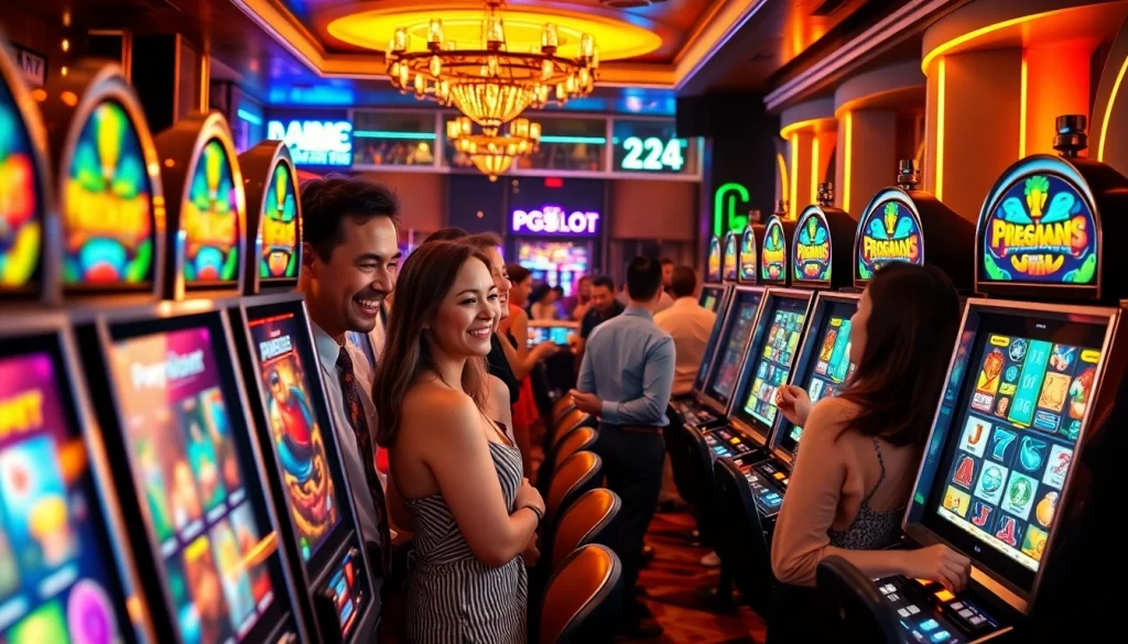 Engaged players enjoying pgslot machines in a vibrant online casino setting.