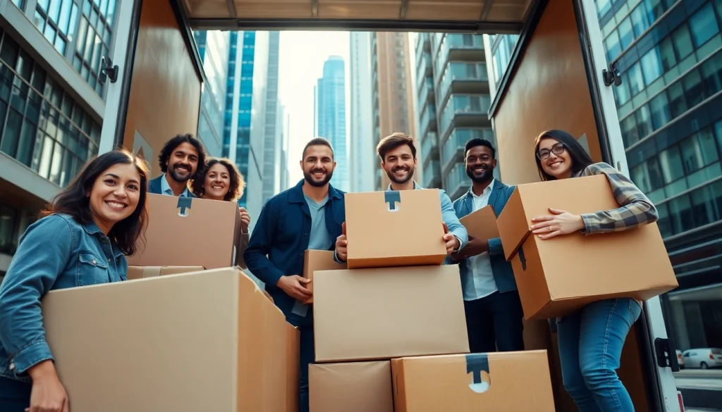 Moving company Toronto team efficiently loading boxes and furniture into a truck in a vibrant urban environment.