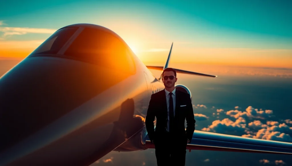 Experience ultra luxury private aviation with a sleek jet beside a stylish pilot against a vibrant sunset.
