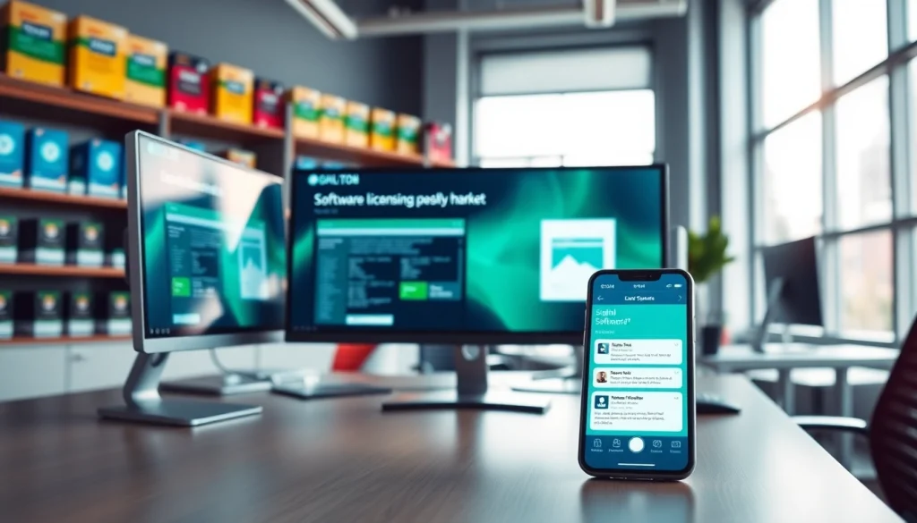 Engaging visual of https://digitalsoftwaremarkett.com in a modern office showcasing software interfaces and vibrant workspace.