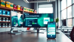Engaging visual of https://digitalsoftwaremarkett.com in a modern office showcasing software interfaces and vibrant workspace.