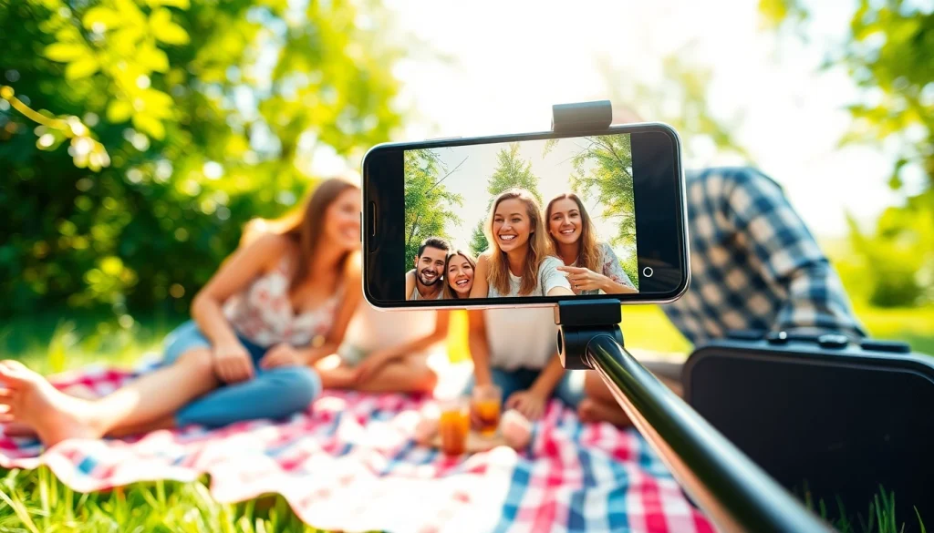Capture a group of friends using a Selfie Stick under vibrant greenery, showcasing joy and togetherness.