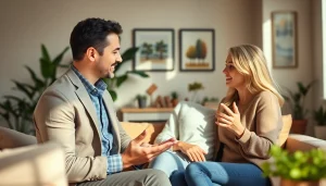 Engaging relationship coach providing guidance to a couple in a serene setting.