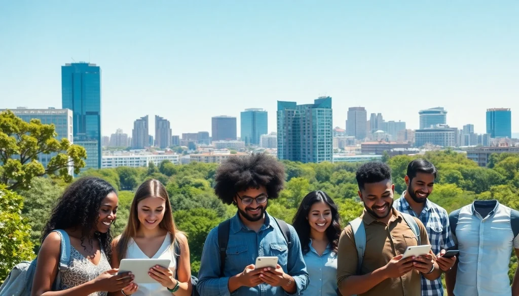 Showcasing fiber internet oakland through residents enjoying high-speed connectivity in a vibrant urban setting.