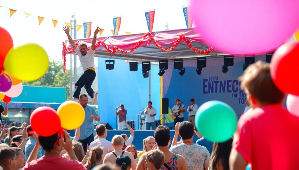 Engaging event entertainment with live performers captivating an audience during a lively outdoor celebration.