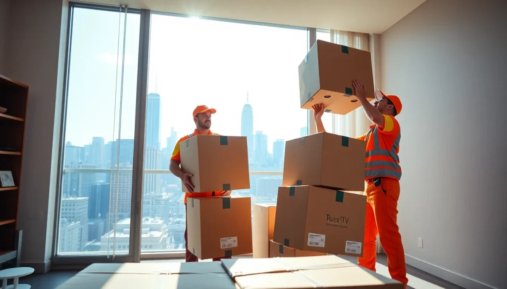 Movers lifting boxes, representing the Best movers nyc services in action and teamwork.