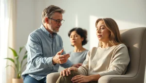 A supportive therapist helping a person dealing with grief in a calming setting.