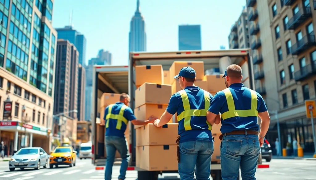 Efficient movers at work showcasing cheap movers nyc service in a vibrant NYC neighborhood.