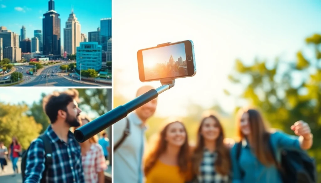 Capture a Selfie Stick in action, showcasing its extendable feature with friends enjoying outdoor adventures.