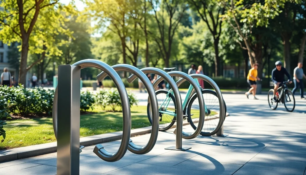Showcasing a designer bike rack enhancing urban landscapes with modern design elements.