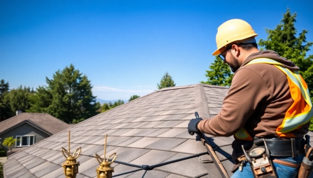 Roof repair Vancouver Wa specialist assessing a residential roof under bright daylight conditions.