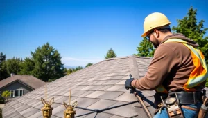 Roof repair Vancouver Wa specialist assessing a residential roof under bright daylight conditions.