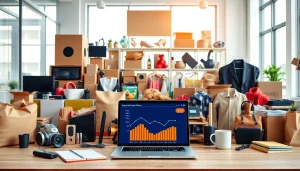 Analyze wholesale products to sell on Amazon displayed in a bright office setting.