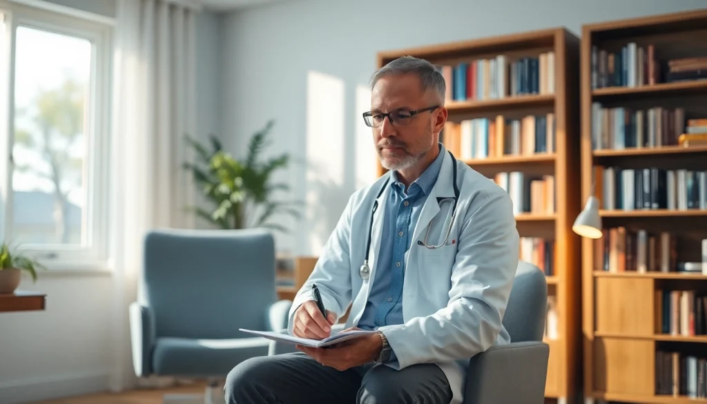 Psychiatrist reviewing patient notes in a calming office environment.
