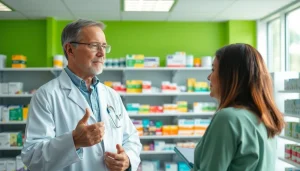 Patient discussing over the counter Xanax with a pharmacist in a bright pharmacy.